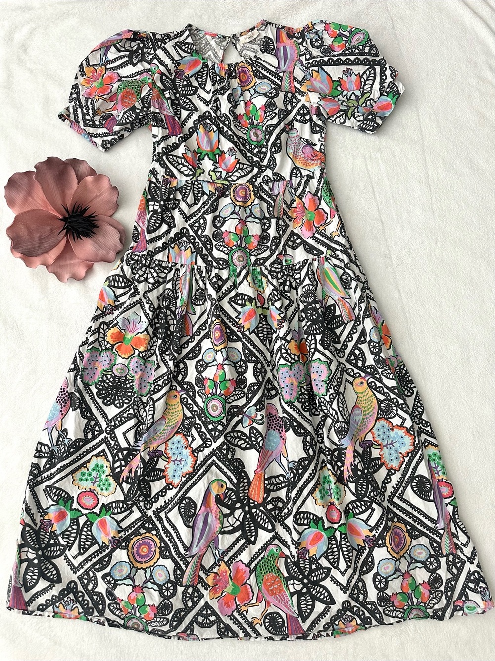 BANJANAN Jana Dress Folk Lace Black Cotton Poplin Puff Sleeves Dress Size Medium